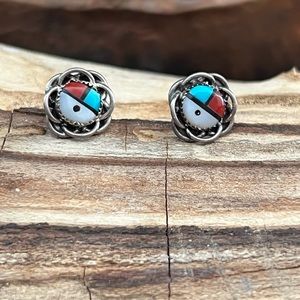 Vintage Native American Sterling Silver Zuni Sun Face Earrings